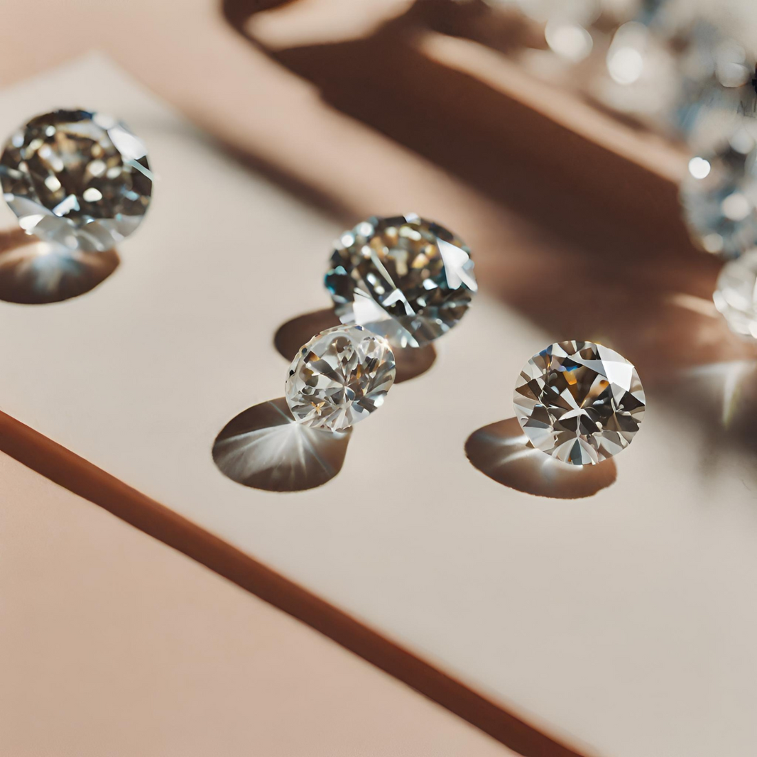 Round-cut lab grown diamonds scattered on a beige surface with sunlight casting sparkle and shadows