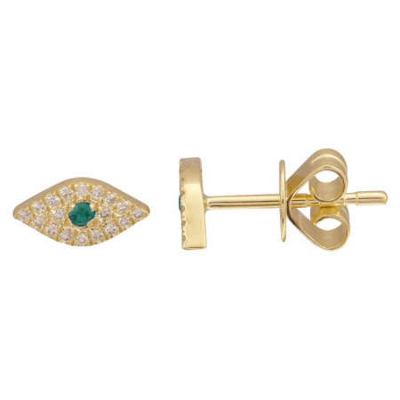 14K Yellow Gold Diamond and Emerald Evil Eye Stud