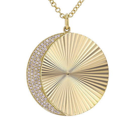 14K Yellow Gold Large Fluted Diamond Moon Disc Necklace