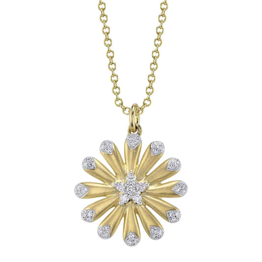 14K Yellow Gold Flower Diamond Starburst Necklace