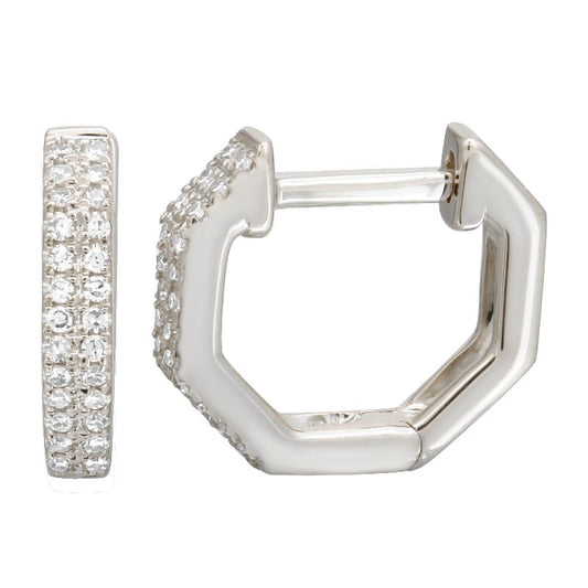 14k White Gold Octagonal Diamond Huggie Earrings