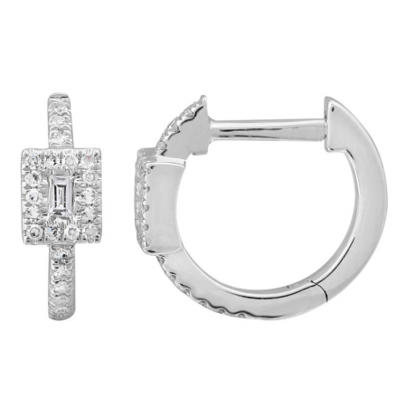 14K White Gold Diamond Huggie with Square Center Baguette