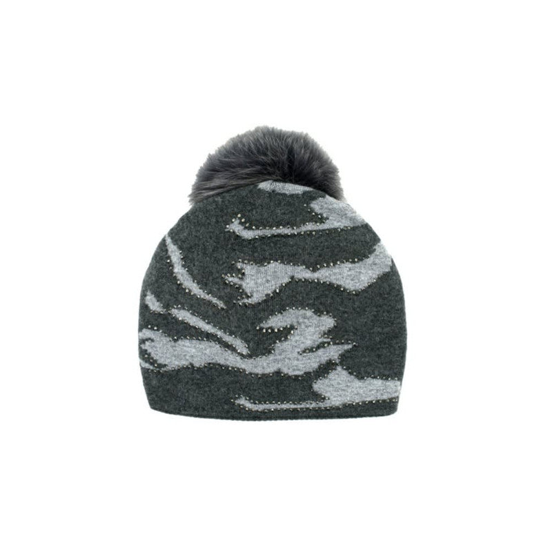 Camo  Charcoal/Light Grey Crystal knitted Hat With Fox Pom Pom, (Slouch Fit)¬† Susan Blake Jewelry