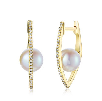 14K Diamond Elongated V-Shaped Hoop Earrings With Pearl  Susan Blake Jewelry