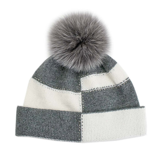 White & Grey Checkerboard Knitted Hat W/ Sparkles, Fox Pom Pom¬† Susan Blake Jewelry