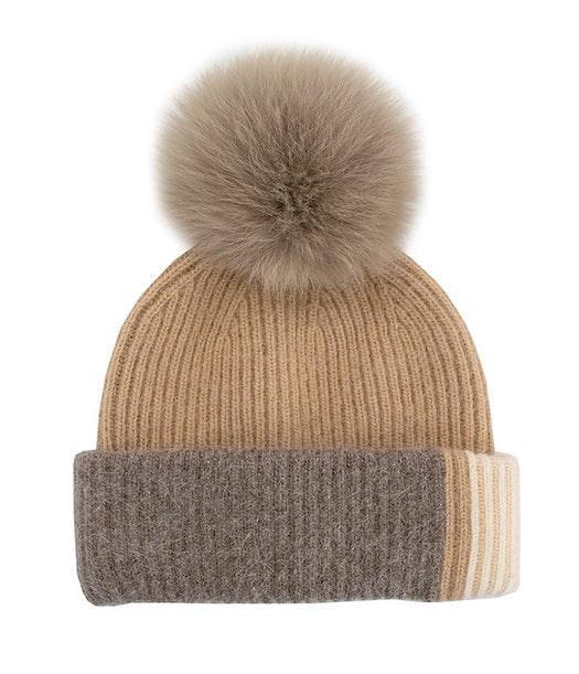 Colorblock 3 Tone Beanie With Fox Fur Pom Pom¬† Susan Blake Jewelry