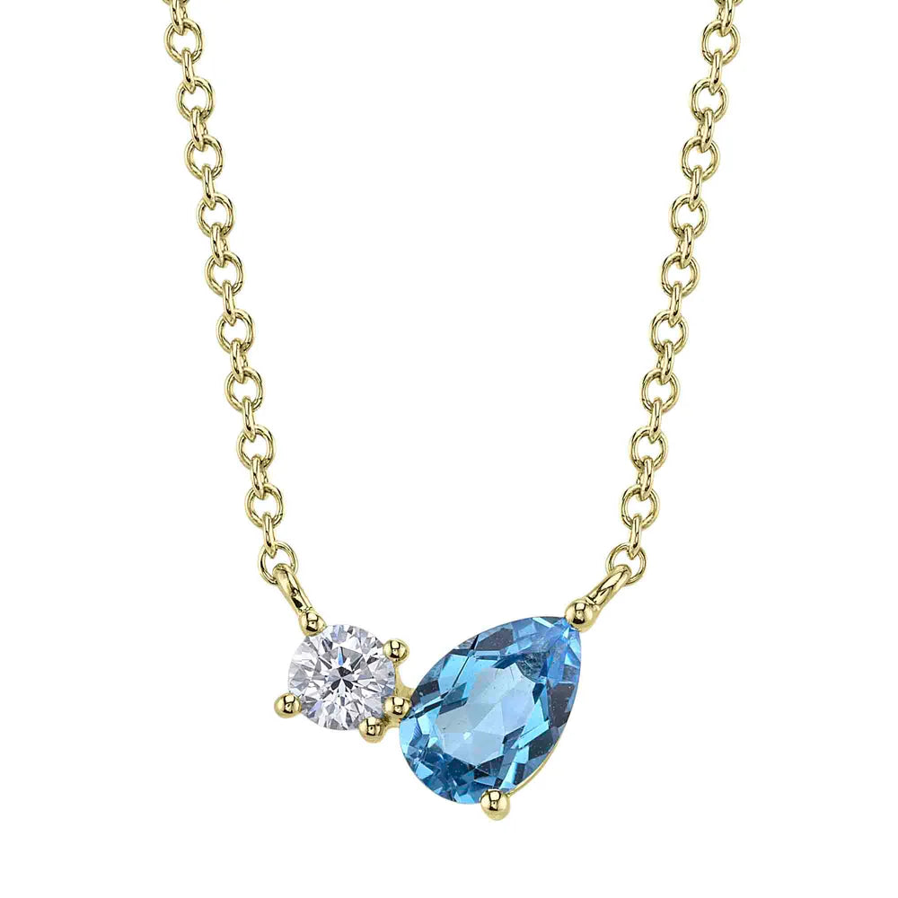 14K Round Diamond & Swiss Blue Topaz Pear Necklace  Susan Blake Jewelry