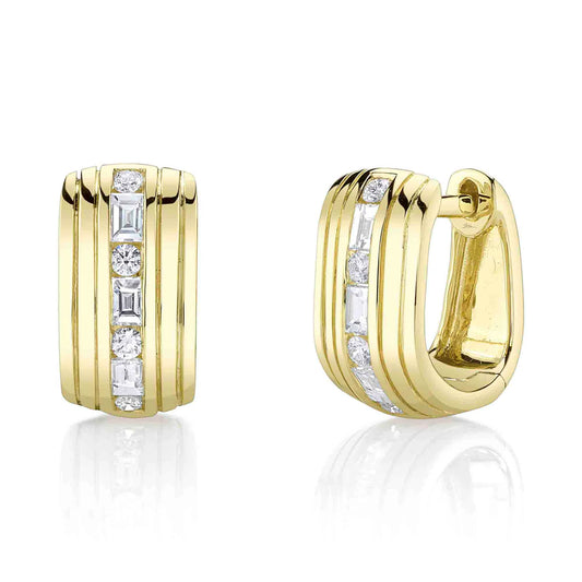 14K Thick Fluted Huggies With Alternating Center Row of Round & Emerald Shape Diamonds  Susan Blake Jewelry