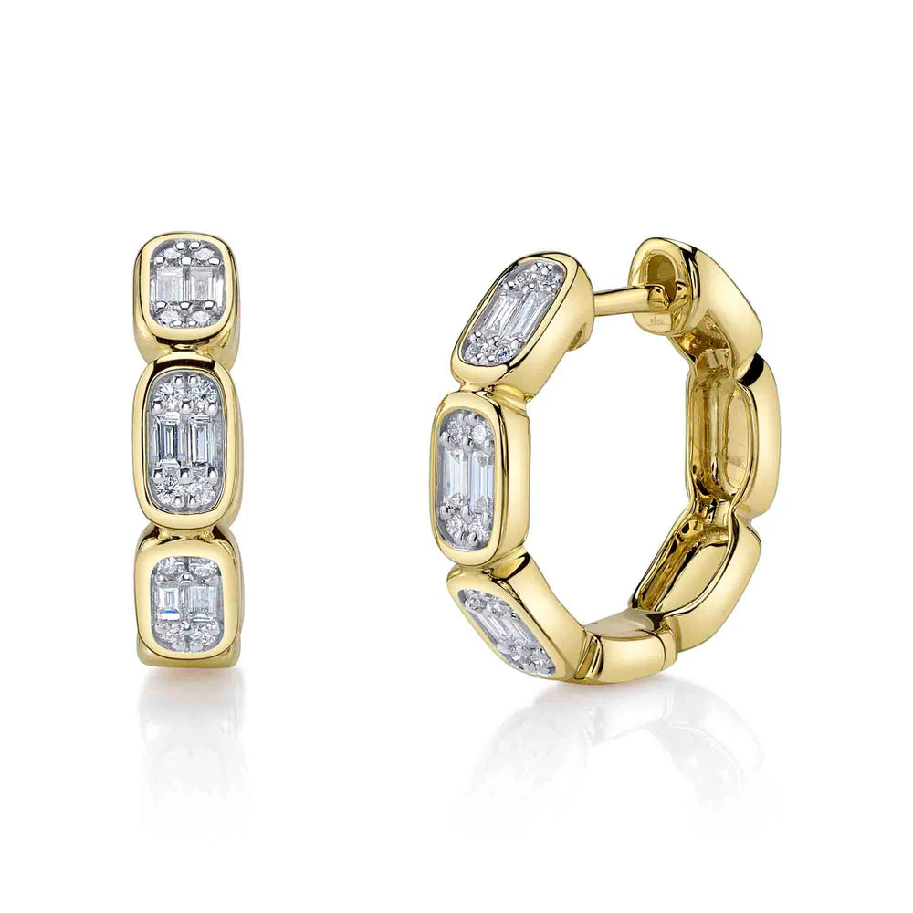 14K Diamond Baguette Octagon Huggie Earrings