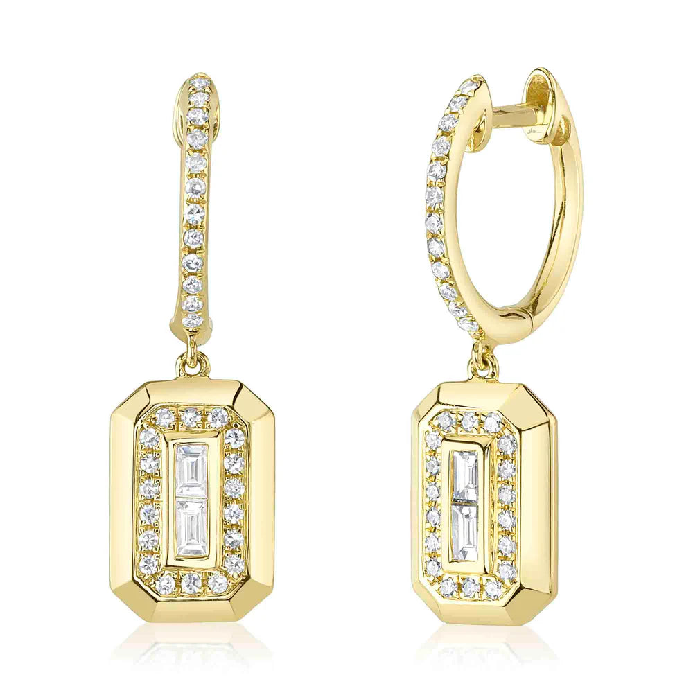 14K Yellow Gold Diamond Huggies With Diamond Baguette Drop Earrings  Susan Blake Jewelry