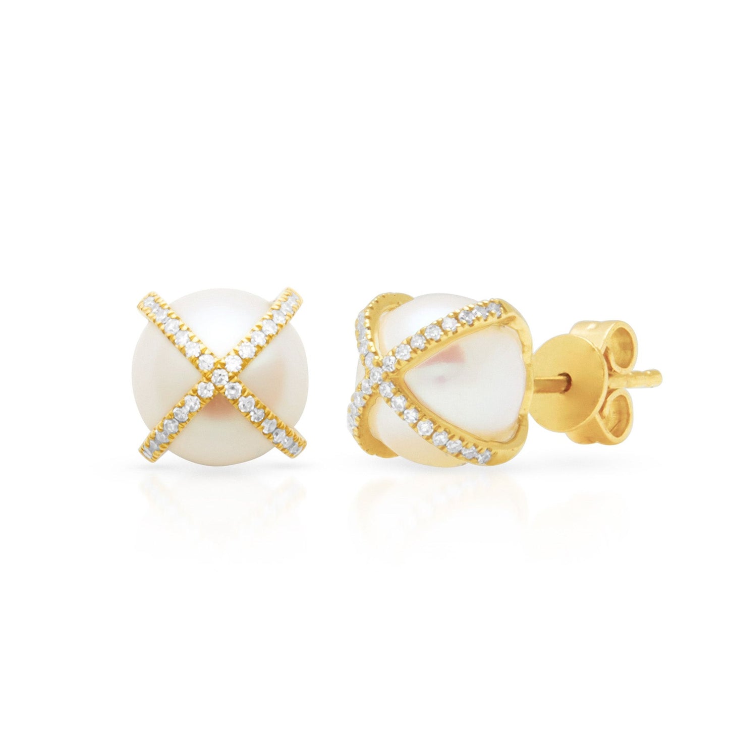 14K Yellow Gold Diamond X and Pearl Stud Earrings