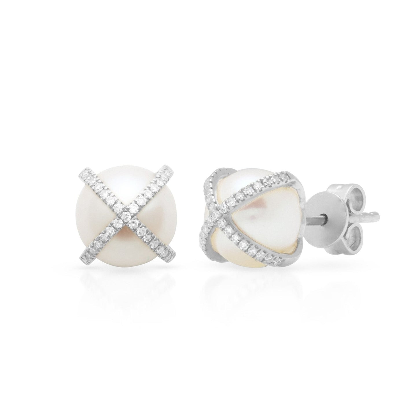 14K White Diamond X and Pearl Stud Earrings