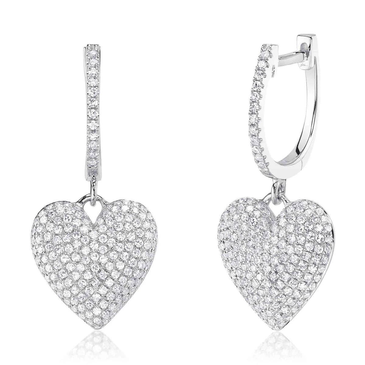 14K White Gold Pave Diamond Heart Huggie Earrings