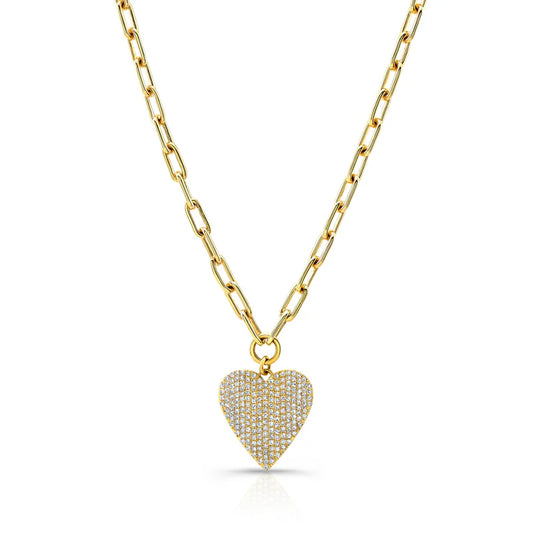 14K Yellow Gold Pave Diamond Heart Paperclip Necklace