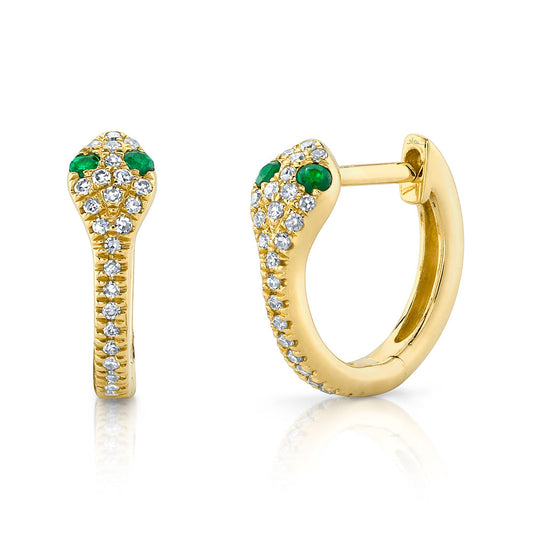 14K Yellow Gold Snake Huggie Earrings with Diamond and Emerald Accents