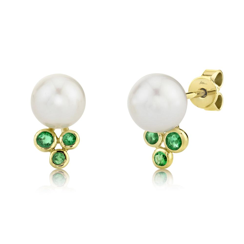 14K Yellow Gold Emerald and Cultured Pearl Earrings