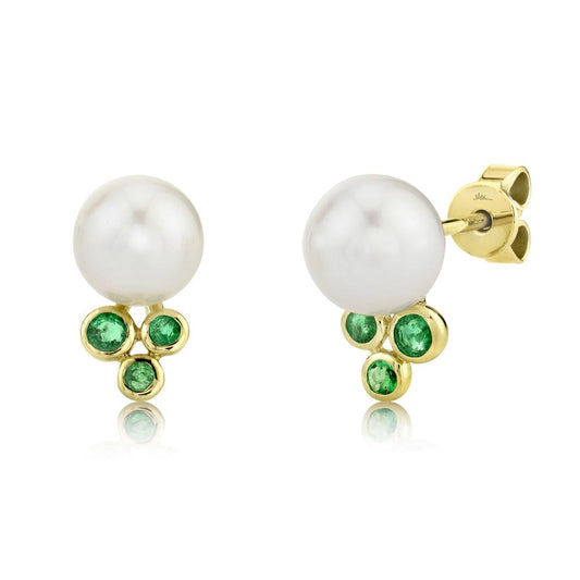 14K Yellow Gold Emerald and Cultured Pearl Earrings