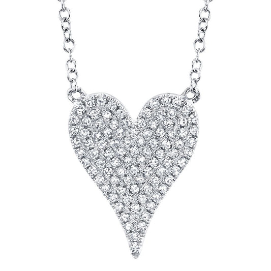 14K White Gold Round Diamond Pave Heart Pendant Necklace - Medium