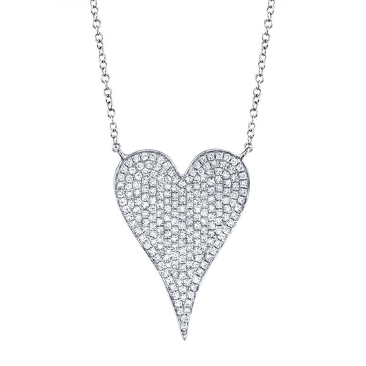 14K White Gold Round Diamond Heart Pendant Necklace - Large