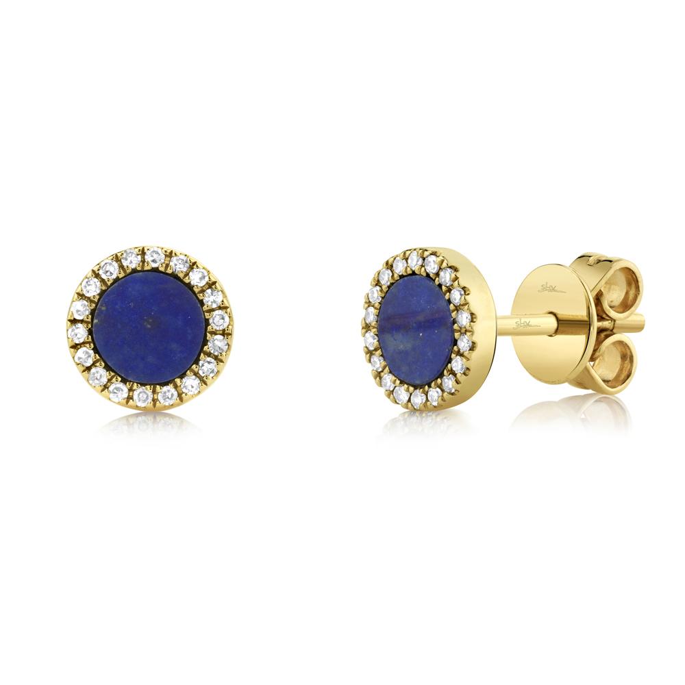 14K Yellow Gold Lapis and Diamond Stud Earrings