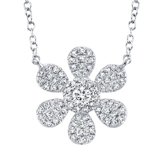 14K White Gold Round Diamond Flower Pendant Necklace