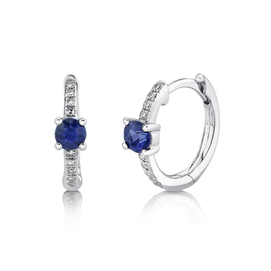 14K White Gold Diamond and Blue Sapphire Huggie Earrings