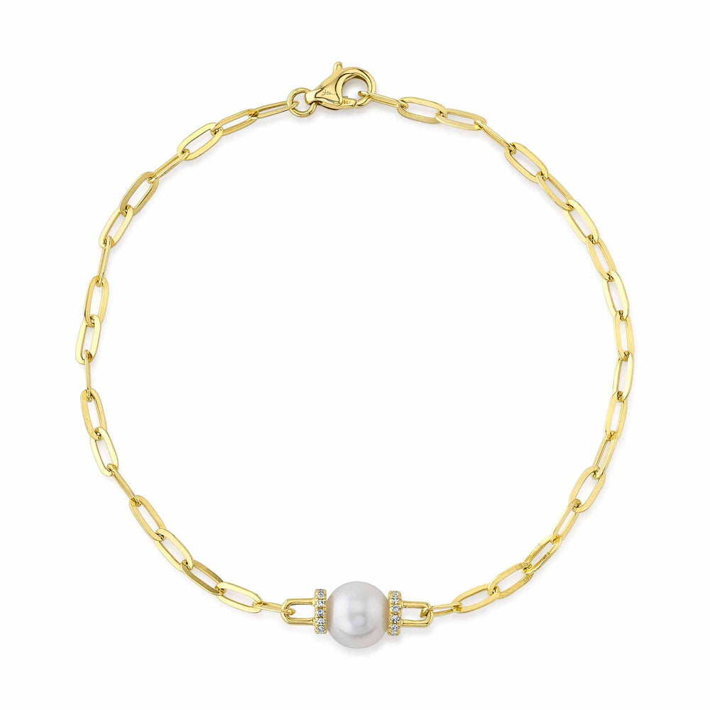 14K Yellow Gold Diamond and Cultured Pearl Paper Clip Link Bracelet