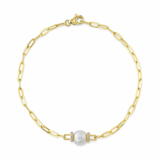 14K Yellow Gold Diamond and Cultured Pearl Paper Clip Link Bracelet