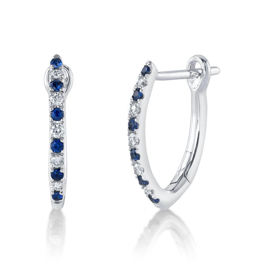 14K White Gold Diamond and Blue Sapphire Hoop Earrings