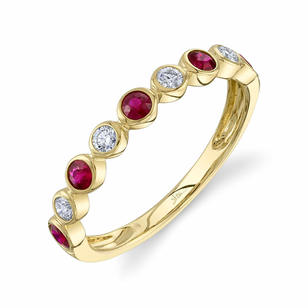 14K Yellow Gold Diamond and Ruby Bezel Band