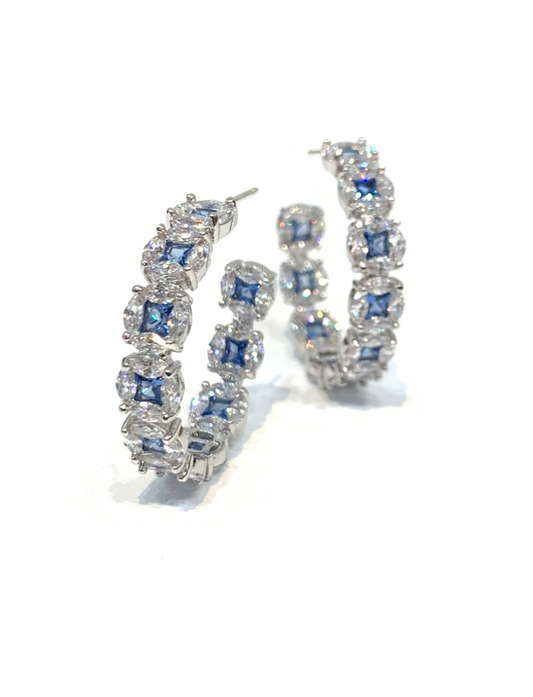 Hoop Earrings, White Gold Finish, Blue Sapphire