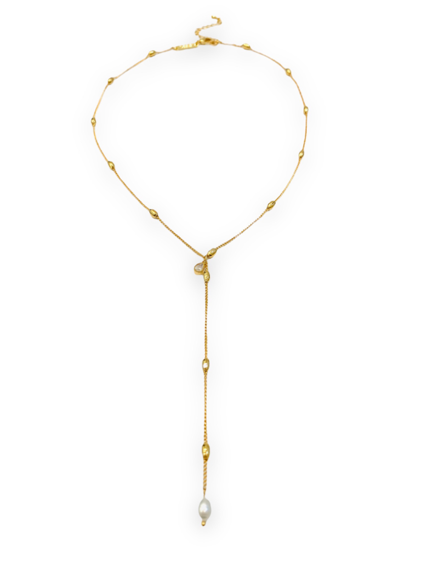 Y-Shape Lariat Pearl Necklace, Yellow Gold