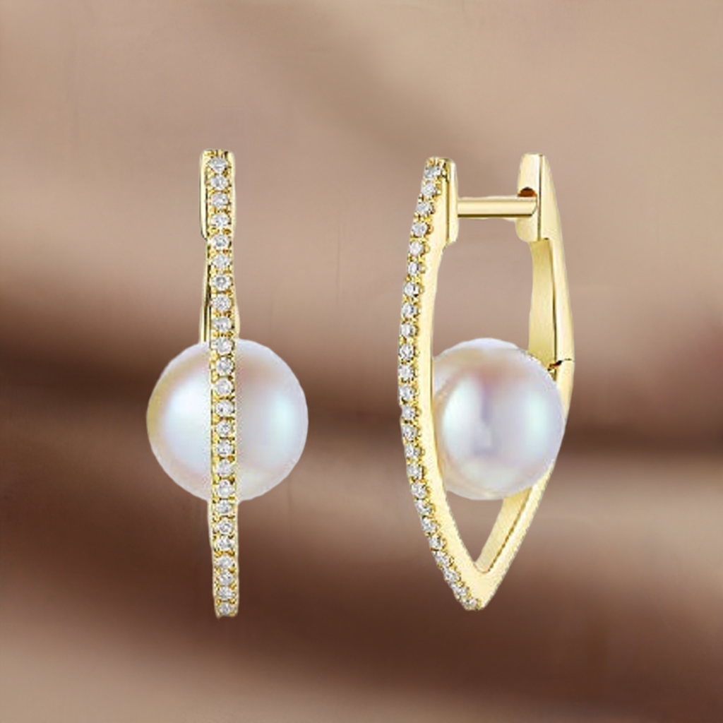 14K Diamond Elongated V-Shaped Hoop Earrings With Pearl  Susan Blake Jewelry