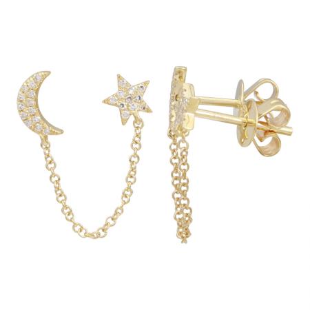 14k Yellow Gold Diamond Moons And Star Double Stud Earrings