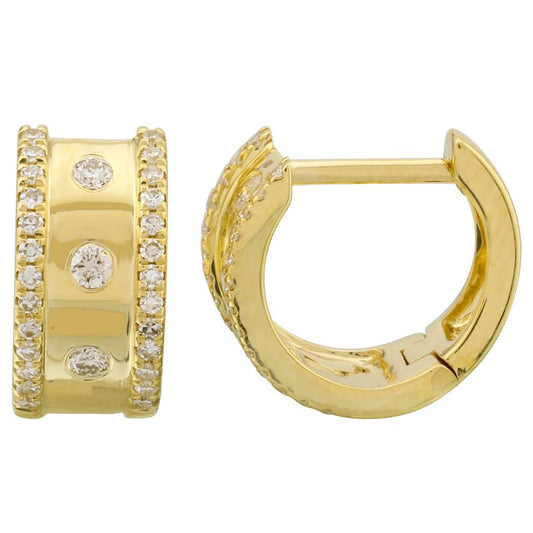 14k Yellow Gold Wide Huggie Earrings With Diamond Border