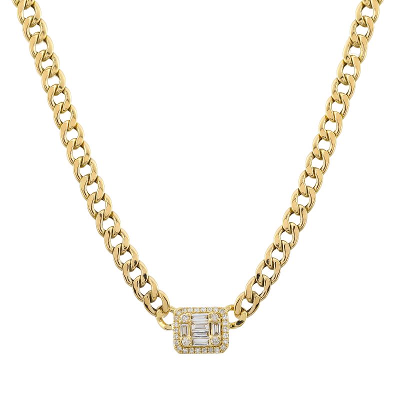 Yellow Gold Illusion Emerald Diamond Cuban Link Chain