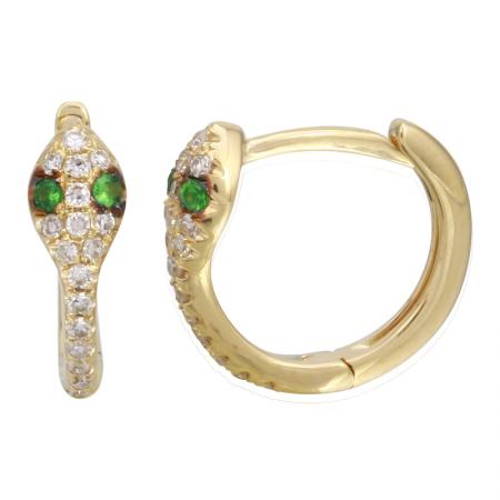 14k Gold Snake Diamond Huggie Earrings / Green Eye