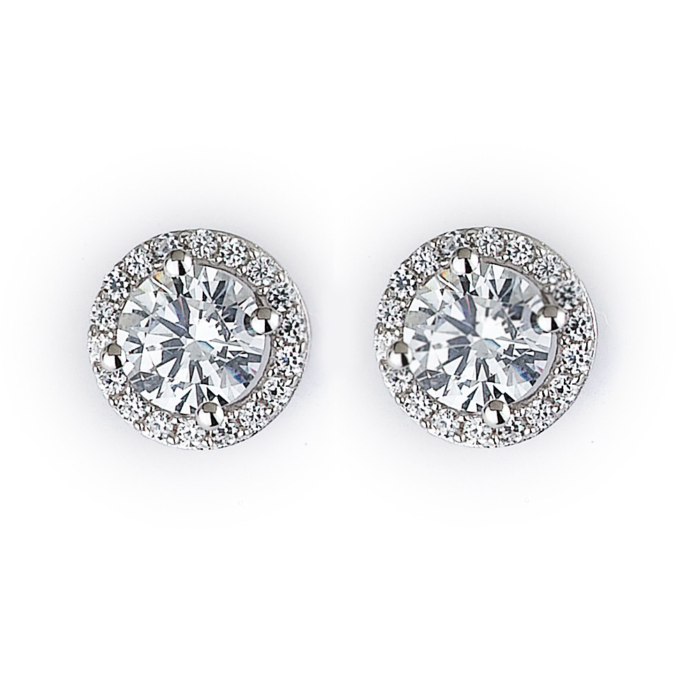 CZ Halo Stud Earrings in Rhodium Plated 