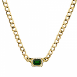 14k Yellow Gold Emerald  Cut Emerald Diamond Cuban Link Necklace