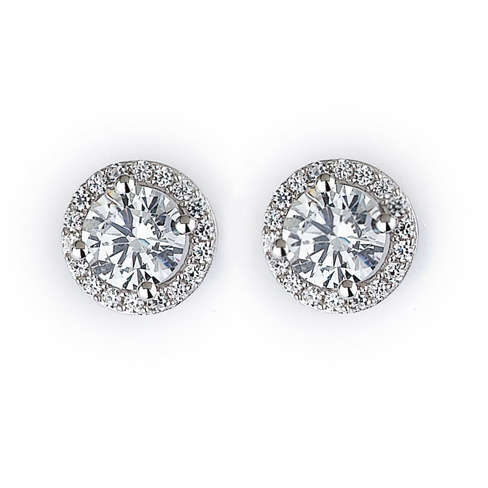 CZ Halo Stud Earrings in Rhodium Plated Sterling Silver