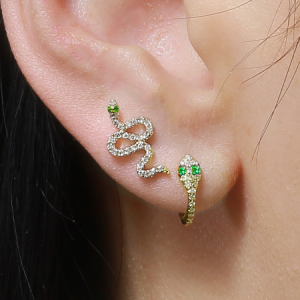 14k Yellow Gold Diamond Snake earring w Emerald Eyes